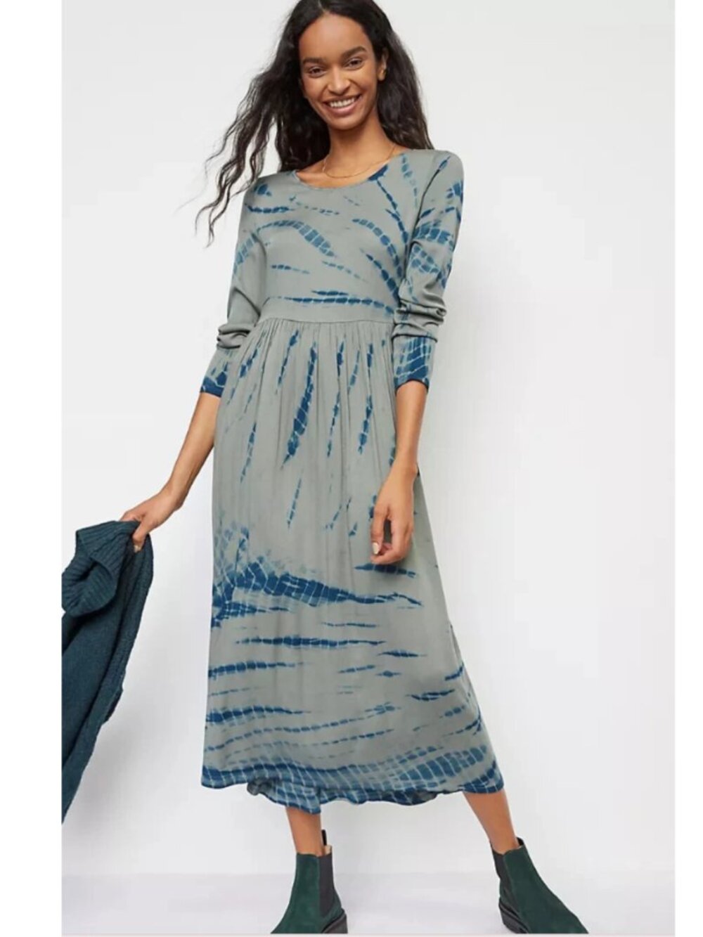 Anthropologie Dolan Eliska Tie Dye Maxi Dress S Moss Green Long Sleeve Stretch